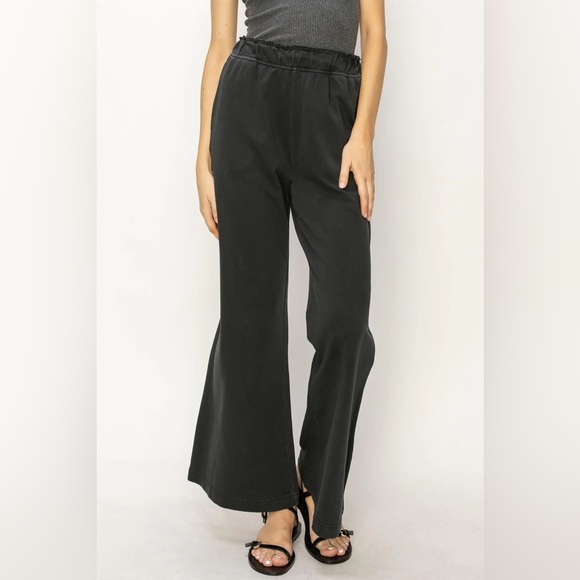247B-BLACK. Elastic Waist High Rise Flared Pant - Picture 1 of 2
